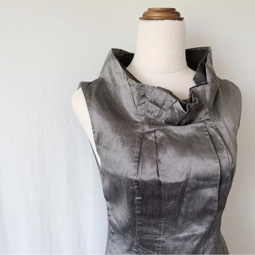 SISTE'S Size 8-10 Italian Grey Khaki Metallic Flax Blend Structured Dress Party - Picture 2 of 13